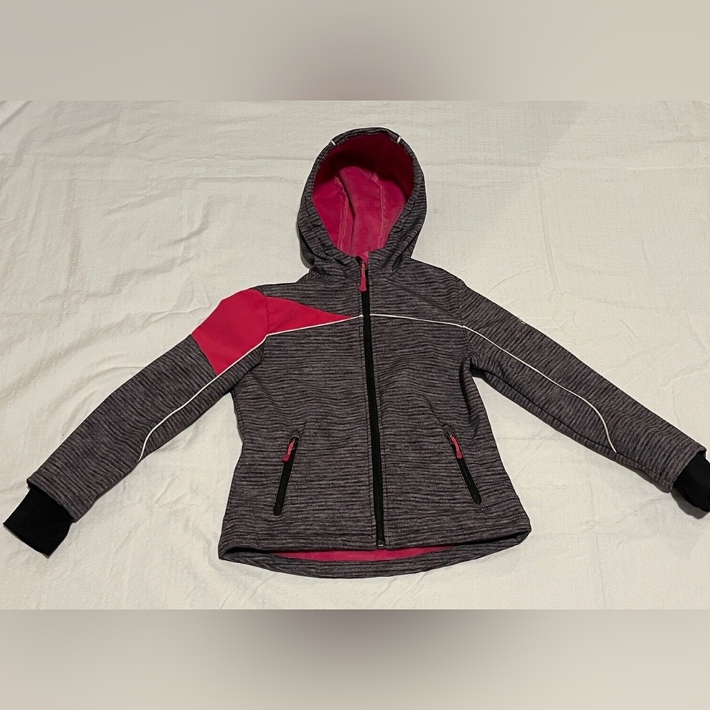 SNOZU Grey Pink HOODED JACKET with PINK FLEECE LINING Girls Size large‎ 14-16